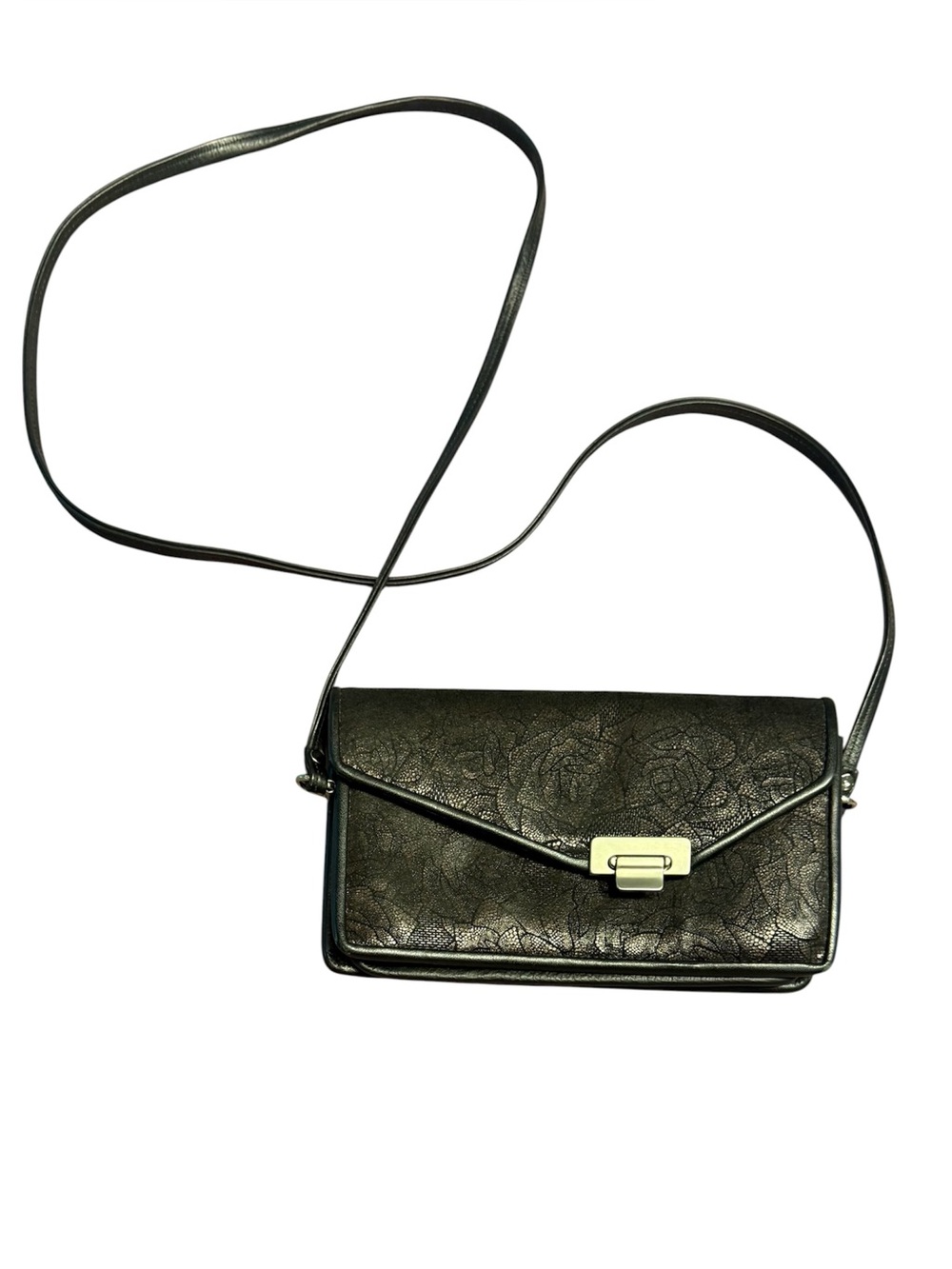 Vintage 2010 Roche Black Floral-Stamped Asymmetrical Leather Crossbody Bag